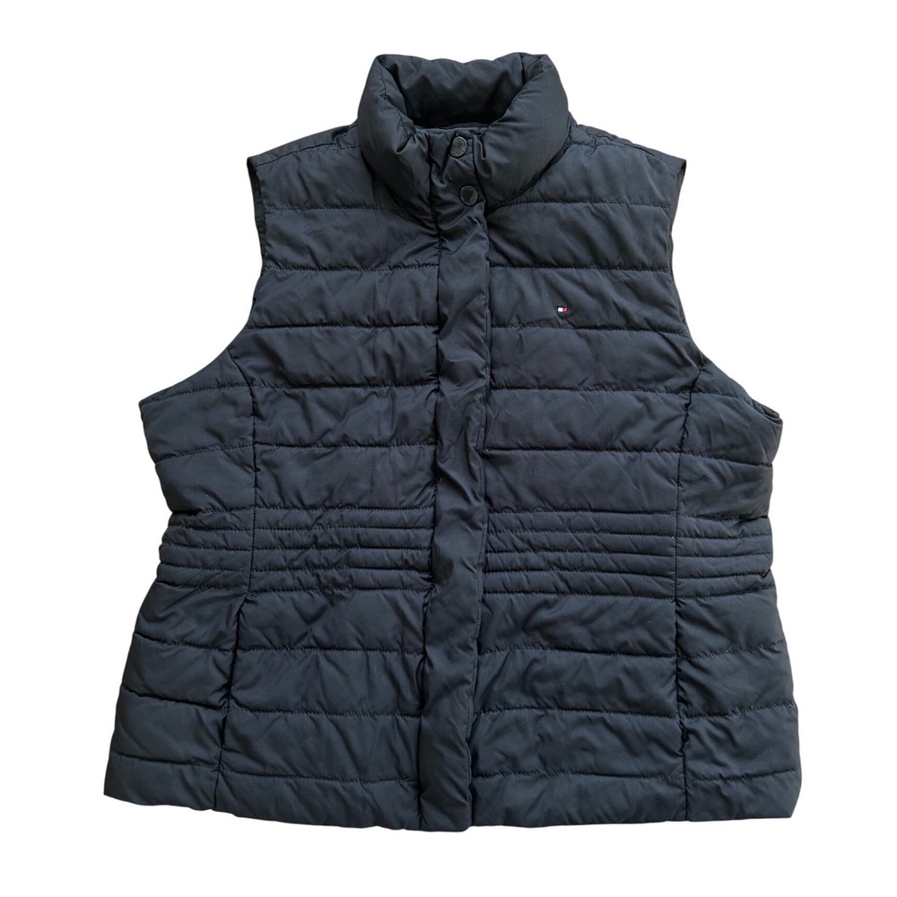 Tommy Hilfiger womens XXL Black Quilted Puffer Vest Zip Front Stand Collar Logo‎